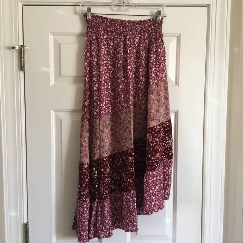 NWOT HEROES & DREAMERS burgundy floral midi maxi prairie skirt L